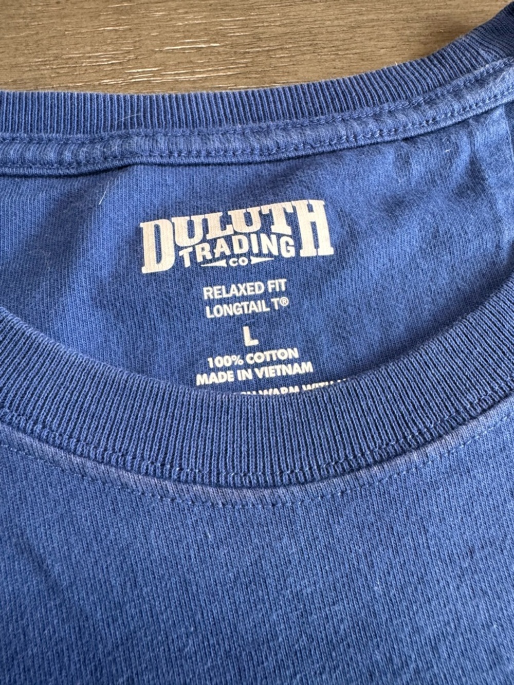 Duluth Blue Crew Neck Short Sleeve TShirt Long Tail Tee L - Picture 5 of 7
